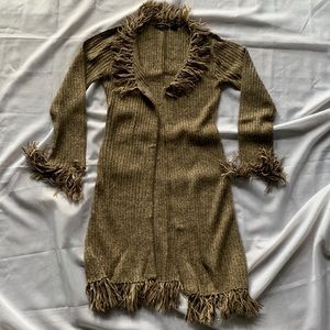 Derek Heart brown long sweater-Small. Fringe collar, bottom, and wrists.
